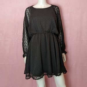 Urban Outfitters Black Long Sleeve Swiss Dot Elastic Waist Mini Dress